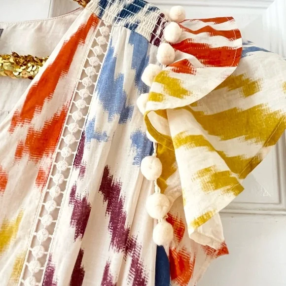 J. Crew Point Sur Womens Tiered Dress Pom Pom Midi Flutter Sleeve Cotton - Picture 4 of 9